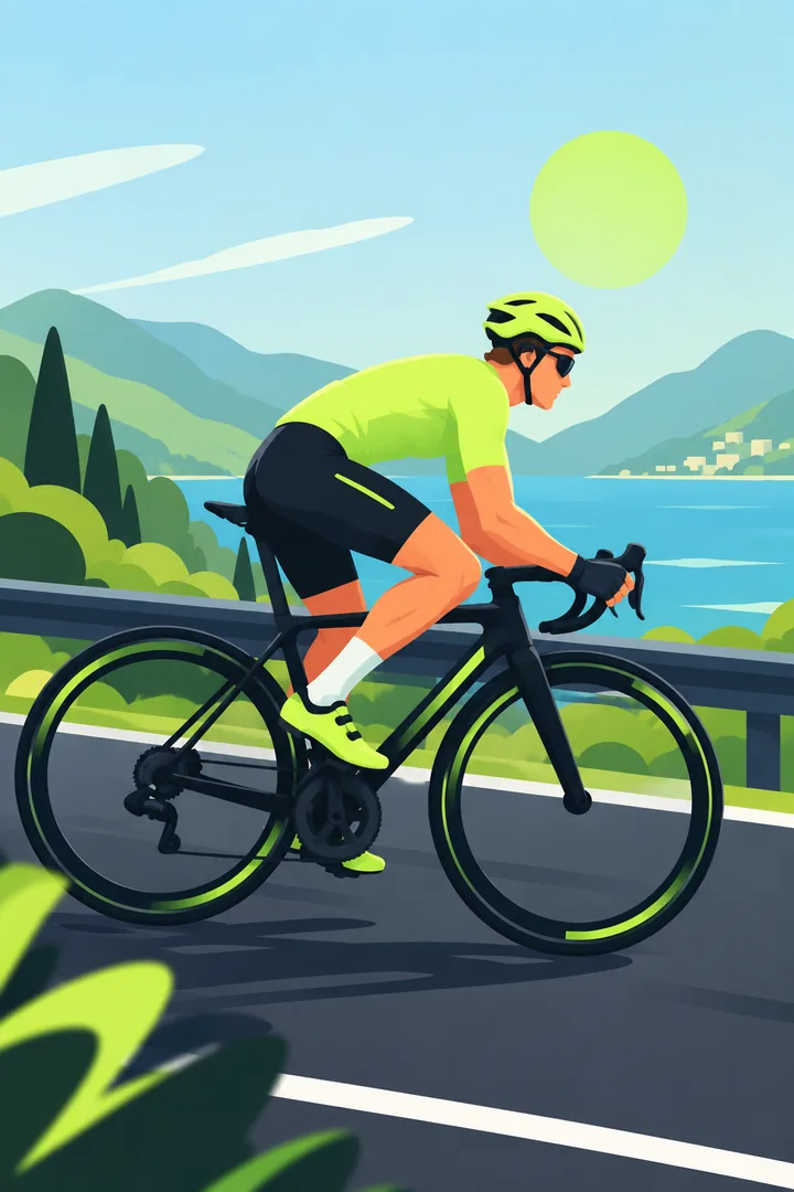 Illustration of a cyclist on a coastal road