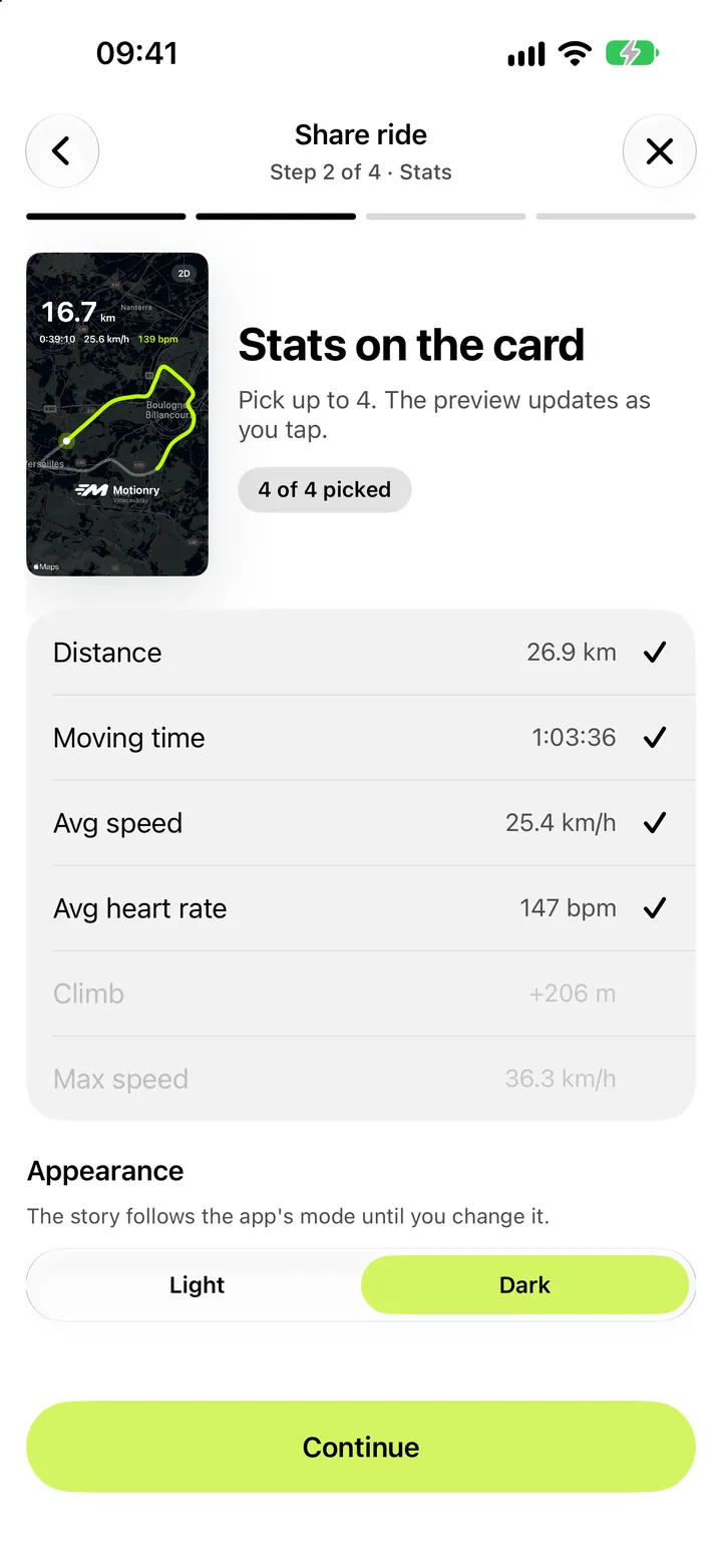 Share card with stats on a dark map